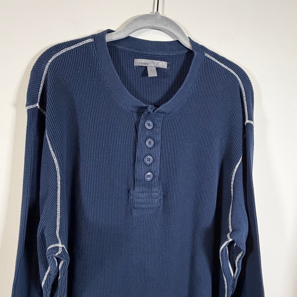 Old Navy Waffle Knit Navy Blue White Stitch Cotton Henley Long Sleeve Shirt XXL